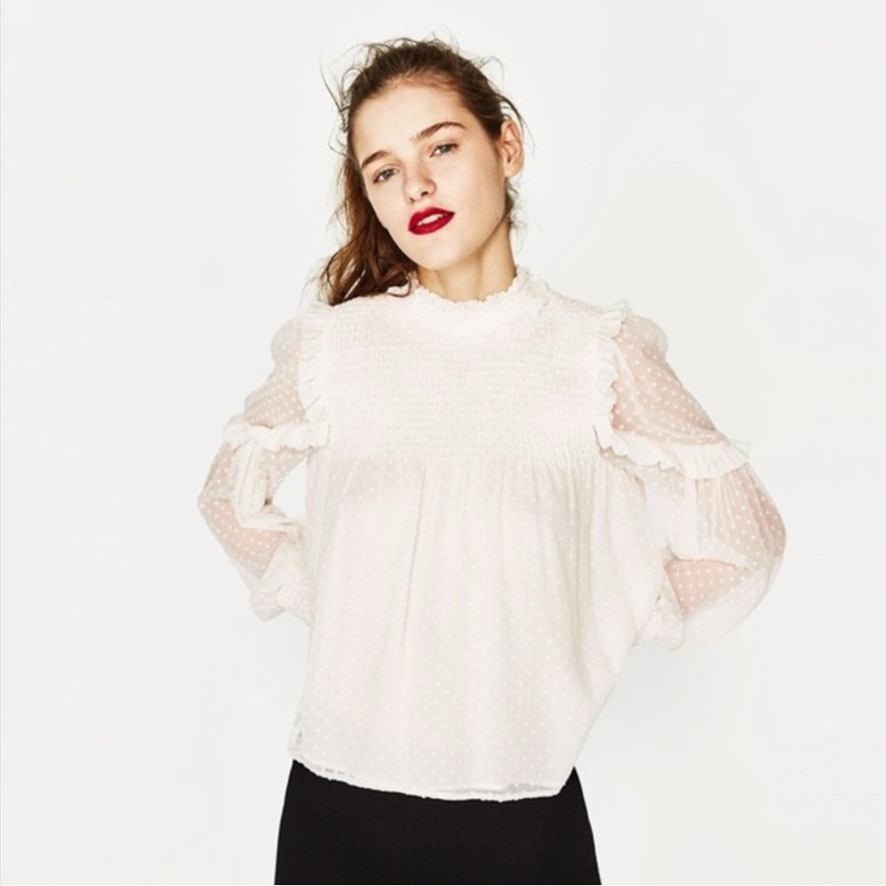 Zara High Neck Swiss Dot Smocked Blouse Size X